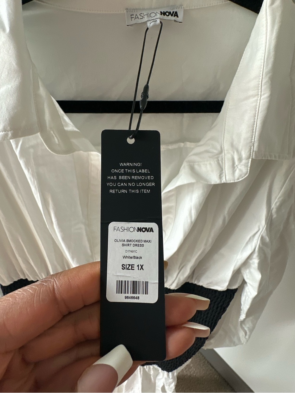 Fashion Nova Olivia Smocked Maxi Shirt Dress - White/Black - Picture 5 of 5